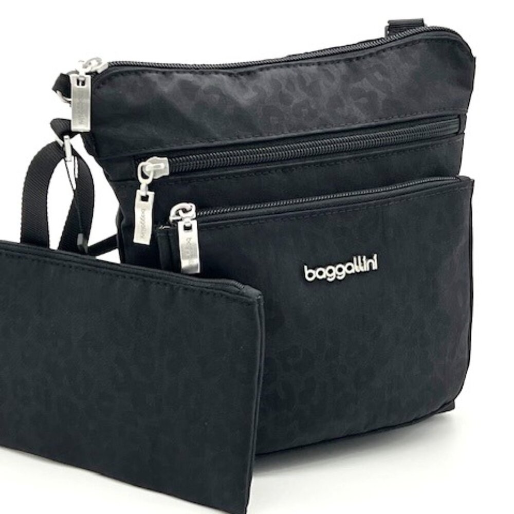Baggallini Pocket Crossbody With RFID, Black Cheetah - NEW